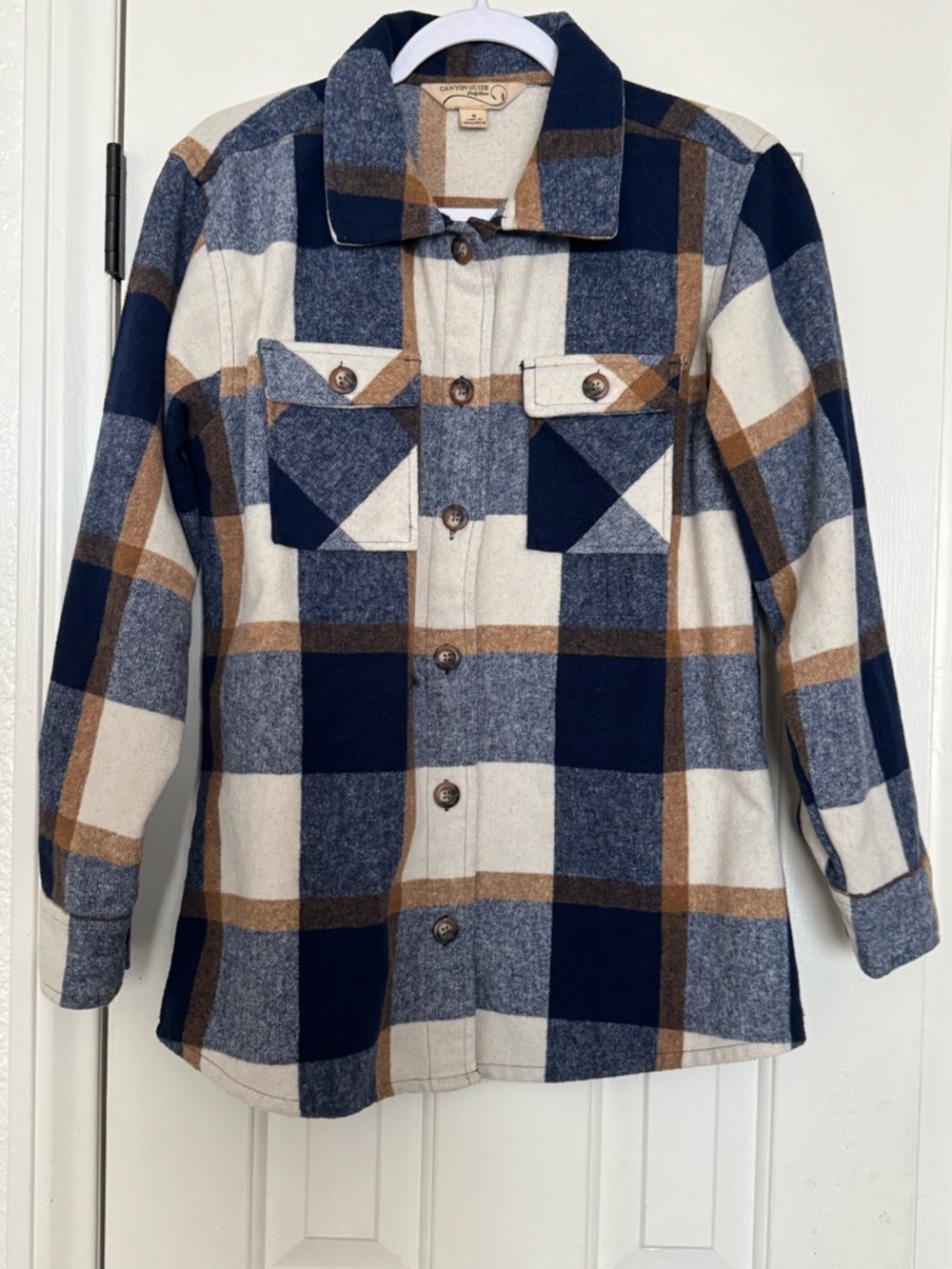 Canyon Guide Outfitters Boys Plaid ButtonUp Flannel Shacket Navy,Cream,Brown SzS